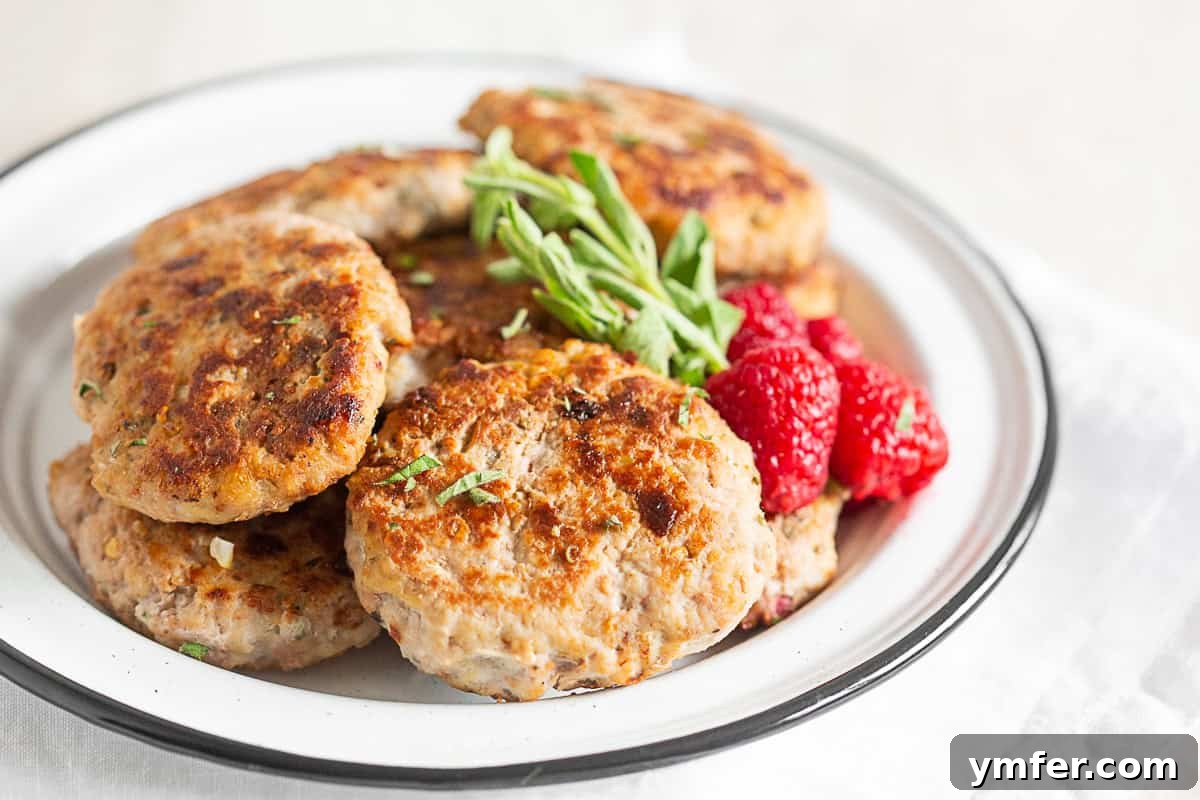 Handcrafted Chicken Sausage Patties 5 Homemade Chicken Sausage Patties on a white plate.
