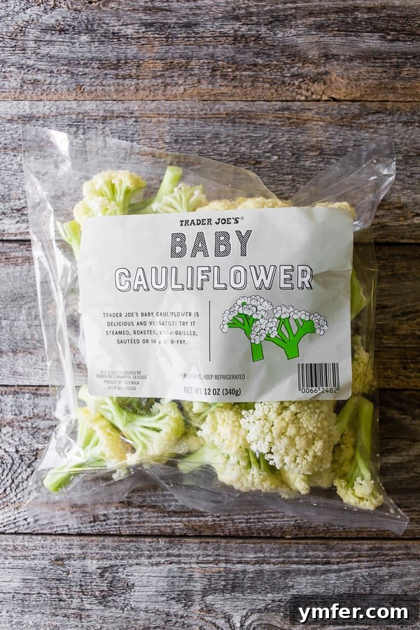 Perfectly Roasted Caulilini 3 Uncooked Caulilini Baby Cauliflower in a store bag, showing its delicate appearance