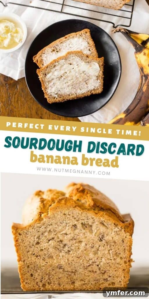 Tangy Sourdough Banana Loaf 6 Sourdough discard banana bread pin for Pinterest, showing a beautifully sliced loaf on a cutting board.