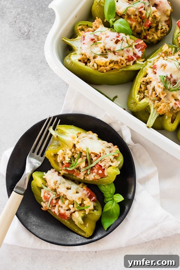 Savory Chicken Stuffed Bell Peppers 5 Ground Chicken Stuffed Bell Peppers, both whole and neatly halved, artfully arranged on a black plate with fresh basil