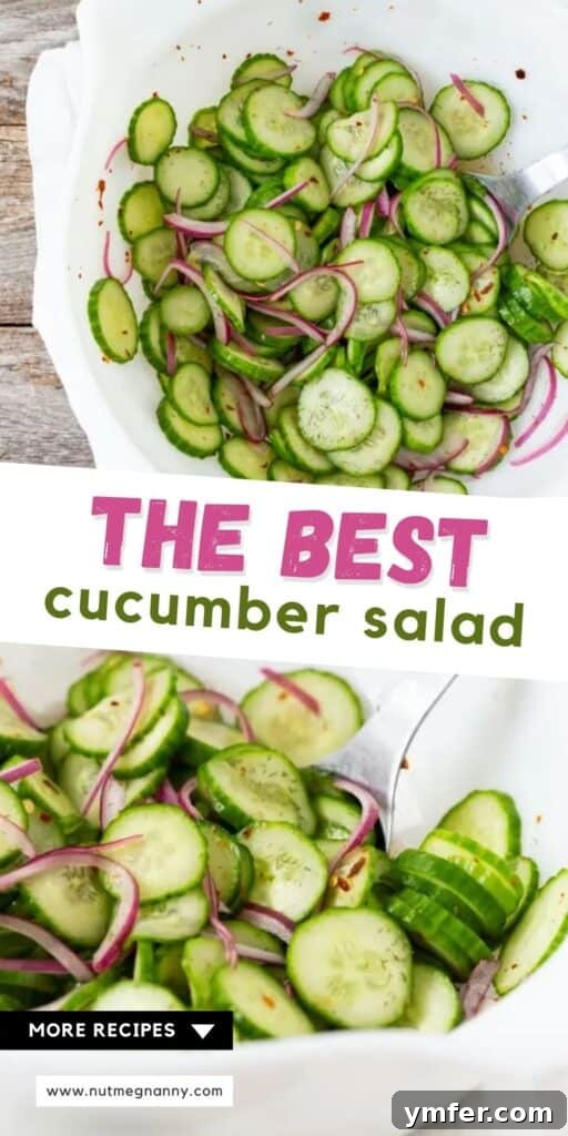 Crisp and Cool Cucumber Salad 9 Long Pinterest pin image for 'The Best Cucumber Salad' featuring a bowl of the salad.