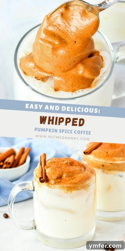 Pinterest pin graphic for Pumpkin Spice Whipped Coffee, featuring a styled image of the drink.