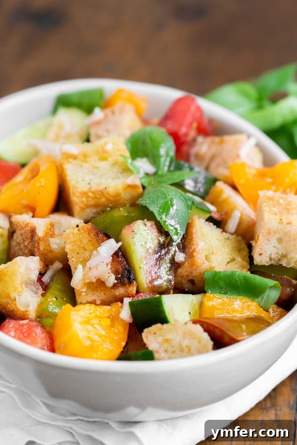 Chargrilled Sourdough & Summer Vegetable Panzanella 3 grilled sourdough panzanella salad in a white bowl with fresh basil