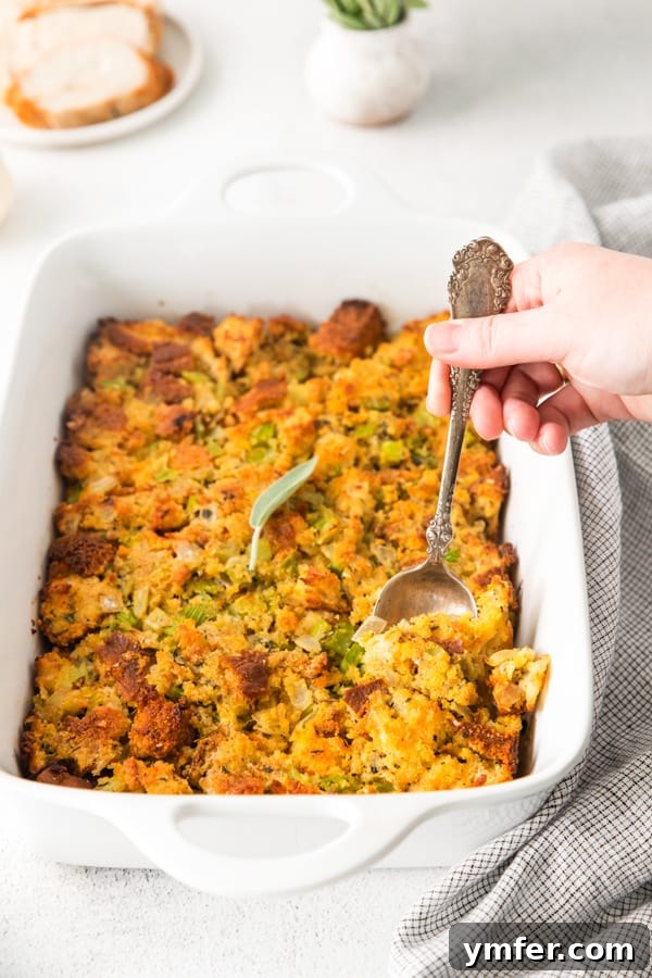 Savory Sage and Cornbread Stuffing 6 A dish of Sage and Cornbread Stuffing, showcasing its inviting golden-brown crust.