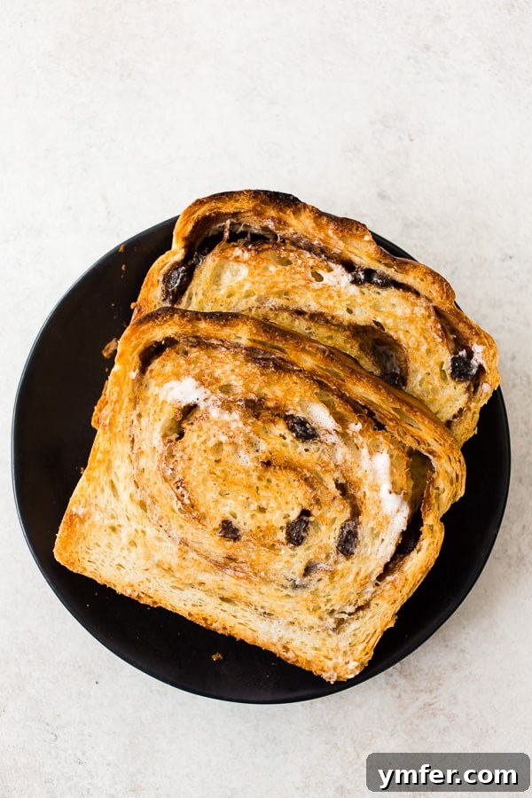 cinnamon raisin sourdough bread sliced and toasted with butter