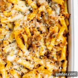 Velvety Pumpkin Ziti Gratin 6 creamy pumpkin baked ziti in a white dish