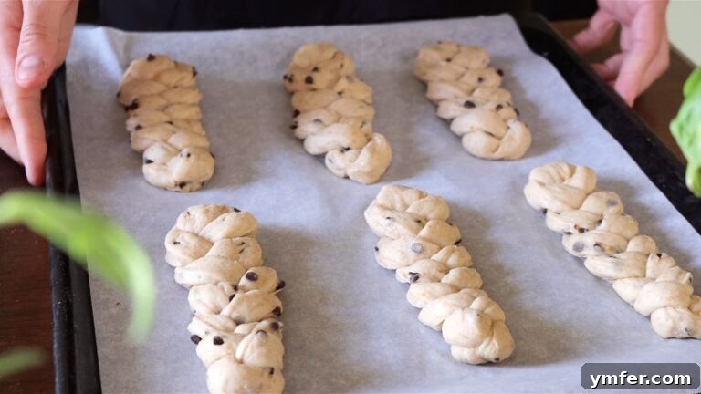 Braided vegan chocolate chip brioches arranged on a baking tray for second proofing