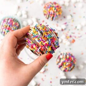 Sprinkle Surprise Strawberry Chocolate Hot Cocoa Bombs 7 A chocolate strawberry funfetti hot chocolate bomb held by a hand, showcasing the beautiful finish and vibrant colors.