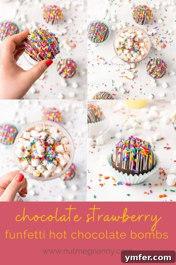 Sprinkle Surprise Strawberry Chocolate Hot Cocoa Bombs 8 A beautifully arranged Pinterest-optimized image featuring a collage of chocolate strawberry funfetti hot chocolate bombs from different angles, highlighting their festive and delicious nature.