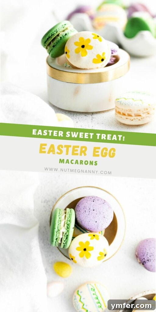Pastel Easter Macarons 8 Pinterest pin showing a collection of vibrant Easter egg macarons with various decorations, inviting users to save the recipe.