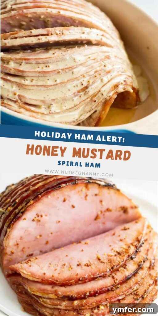 Honey Mustard Glazed Spiral Ham 8 Pinterest pin image featuring the Honey Mustard Baked Ham, perfect for saving the recipe.