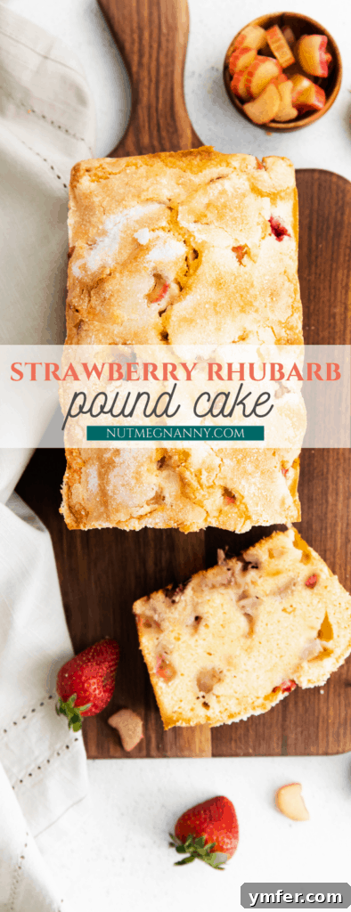 Sweet & Tangy Strawberry Rhubarb Pound Cake 7 Long Pinterest-optimized image of sliced strawberry rhubarb pound cake with fresh fruit, inviting users to save the recipe.