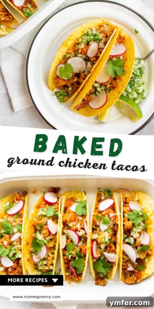 Golden Baked Ground Chicken Tacos 9 Long pin image for Baked Ground Chicken Tacos recipe