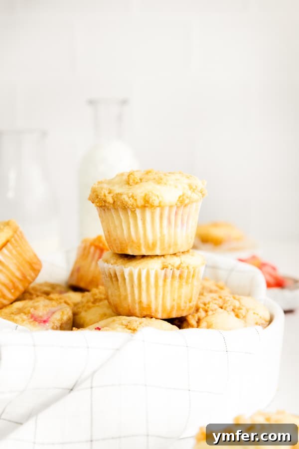 Rhubarb Crumble Muffins 3 Two streusel topped rhubarb muffins, perfectly golden brown and stacked enticingly on a white surface.