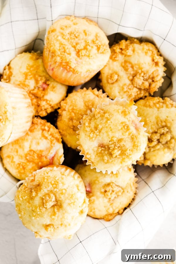 Rhubarb Crumble Muffins 4 Closeup shot of golden brown streusel topping on rhubarb muffins, highlighting its crumbly, sugary texture.