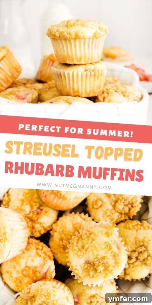 Rhubarb Crumble Muffins 8 Streusel topped rhubarb muffins long pin image for Pinterest, showing a basket of muffins and individual muffin slices.