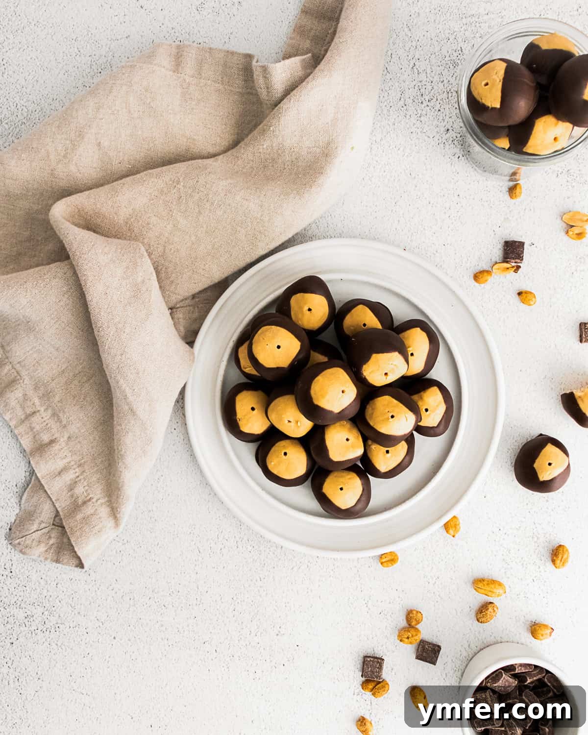 Ultimate Peanut Butter Buckeyes 7 Overhead shot of many peanut butter buckeyes arranged neatly on a plate