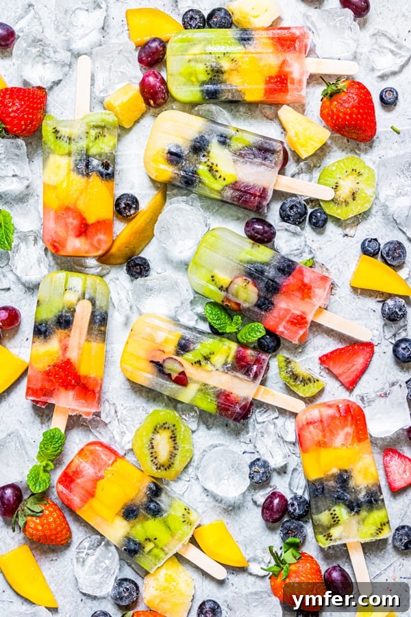A vibrant serving board displaying homemade Rainbow Fruit Popsicles on a bed of ice and surrounded by fresh strawberries, blueberries, and citrus slices.