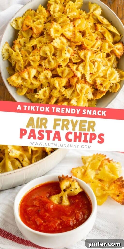 Crispy Air Fryer Pasta Chips 9 A Pinterest pin image for Air Fryer Pasta Chips, showcasing the crispy snack in a bowl.