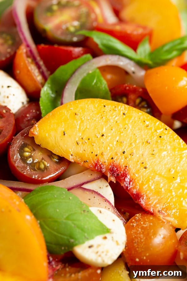 Sun-Kissed Peach Tomato Caprese 6 close up pictures of a sliced peach in a Tomato Peach Caprese Salad.