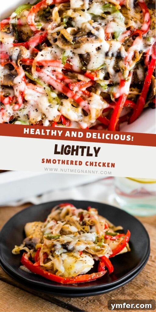 Gentle Braised Chicken 6 Pinterest pin for Lightly Smothered Chicken, a healthy and flavorful chicken dish with honey mustard, vegetables, and reduced-fat cheese.