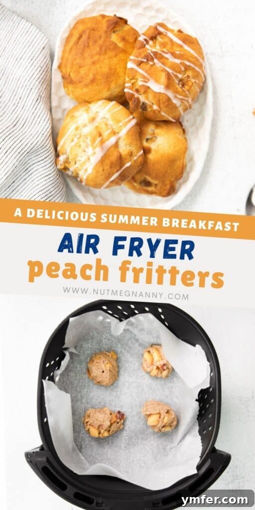 Air-Fried Peachy Delights 9 A Pinterest-optimized image of air fryer peach fritters for sharing on social media.