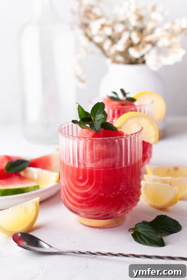 Sun-Kissed Watermelon Rosé Freeze 43 A beautifully presented Watermelon Frosé in a delicate glass, garnished with fresh mint, showcasing its vibrant pink color and refreshing appeal.