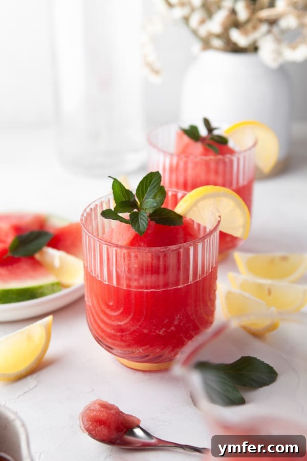 A refreshing Watermelon Frosé in a sophisticated glass, elegantly garnished with fresh mint and a slice of lime, highlighting its vibrant appeal and icy texture.