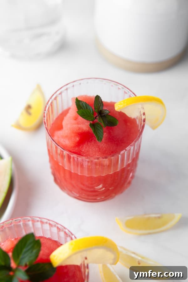A perfectly blended Watermelon Frosé served in a stylish glass, garnished with a sprig of fresh mint, embodying the perfect summer drink.