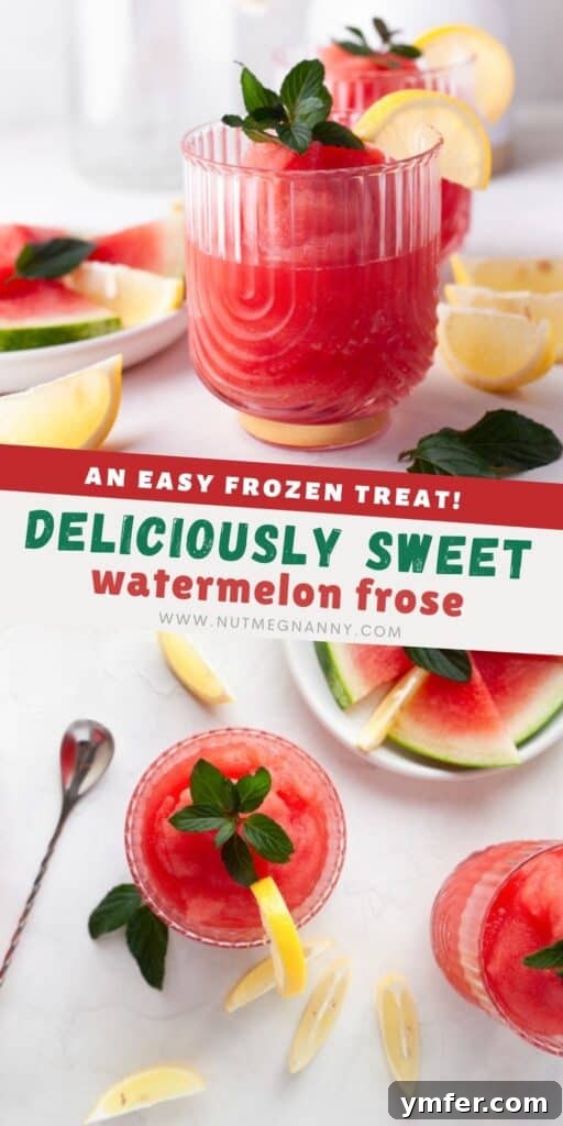 Pinterest pin image featuring a vibrant Watermelon Frosé, highlighting its refreshing qualities and perfect for saving this essential summer cocktail recipe.