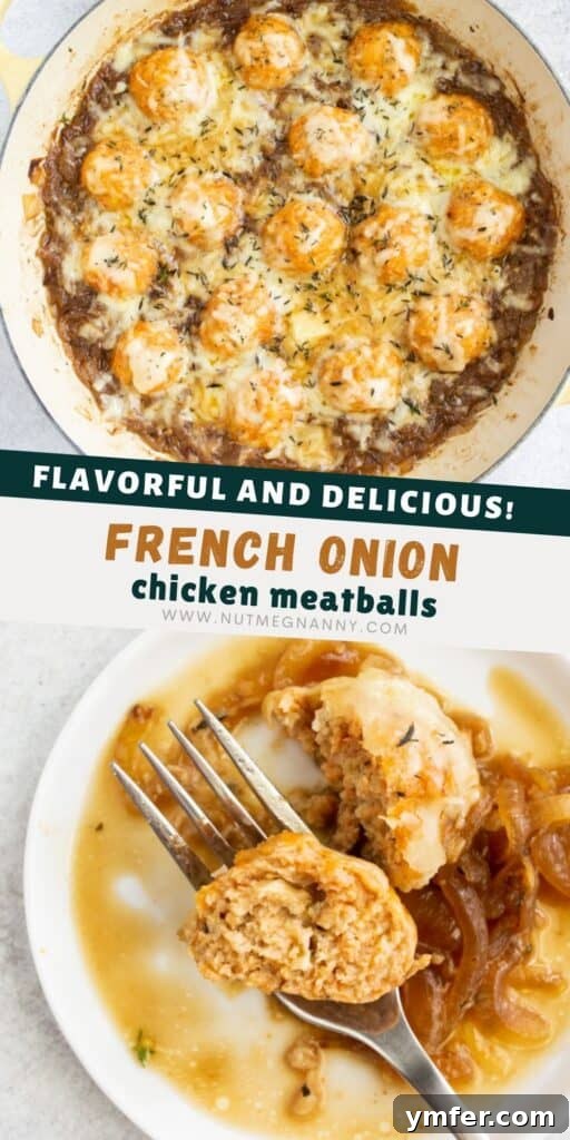 French Onion Chicken Meatballs pin for pinterest, showing a delicious serving with melted cheese.