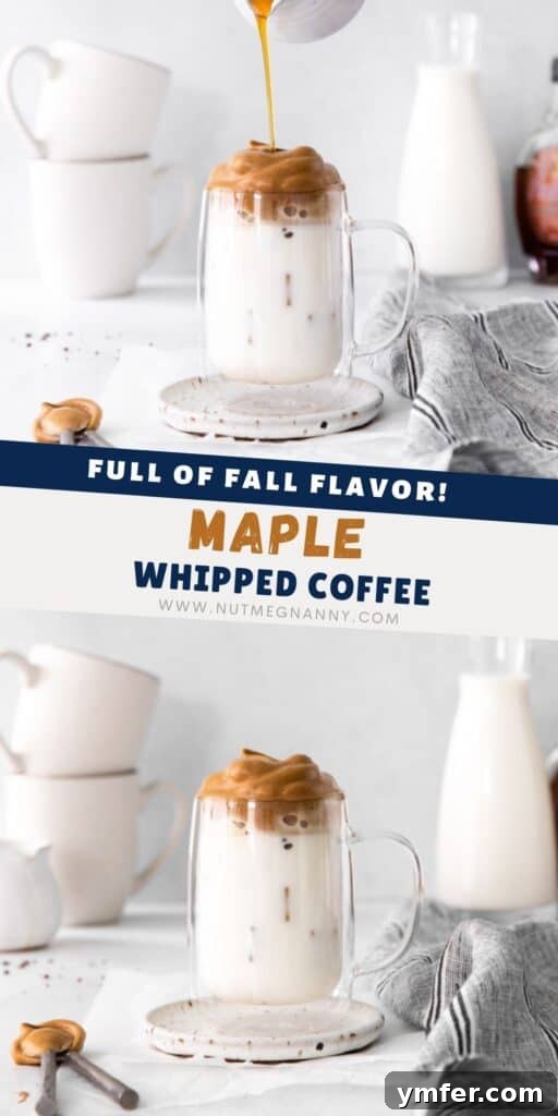 Maple Velvet Coffee 9 A Pinterest-optimized image for Maple Whipped Coffee, showing the drink in a clear glass with ingredients and a cozy fall background.