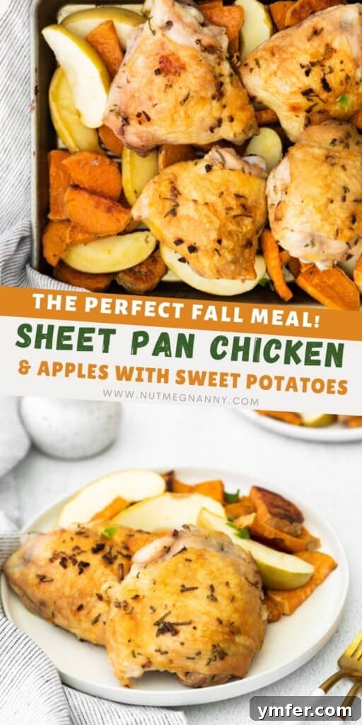 Sheet Pan Apple and Chicken Roast 8 Sheet Pan Chicken and Apples pin for pinterest, showcasing the delicious meal with autumn leaves.