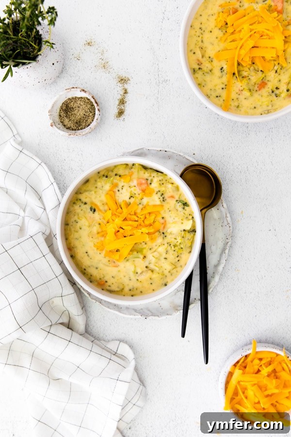 Velvety Instant Pot Broccoli Cheddar Delight 4 A large white serving bowl filled with creamy Instant Pot Broccoli Cheddar Soup, beautifully presented on a plate with a subtle garnish, ready to be enjoyed.