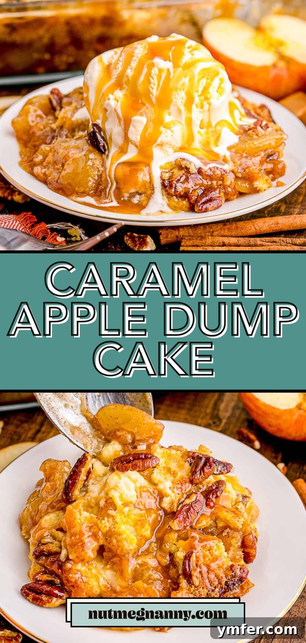 Golden Caramel Apple Bake 10 Long pin image for Caramel Apple Dump Cake, perfect for Pinterest, showing the full cake and a plated serving with ice cream.
