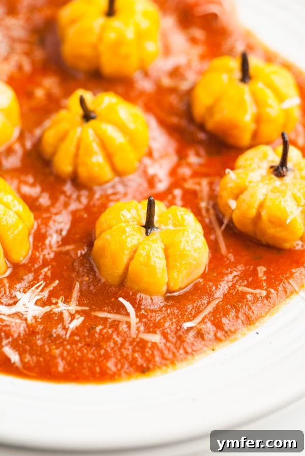 Autumn Pumpkin Gnocchi Pillows 2 Pumpkin Shaped Gnocchi sitting in rich red sauce, garnished with fresh herbs.