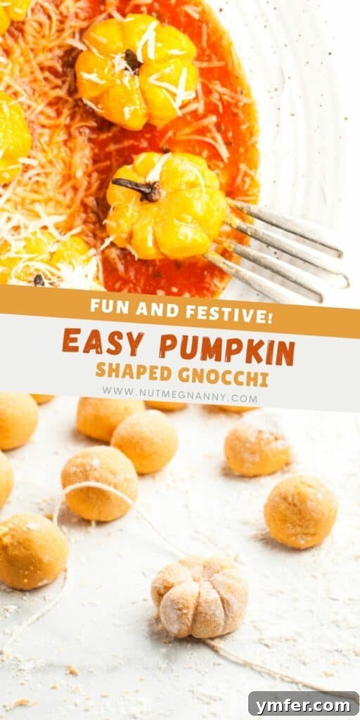 Autumn Pumpkin Gnocchi Pillows 12 A stunning vertical image of pumpkin shaped gnocchi in a bowl with sauce, perfect for Pinterest.