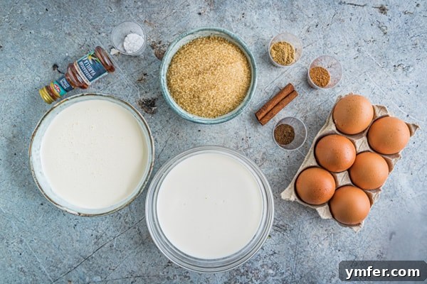 A close-up shot of the raw ingredients for gingerbread eggnog, including egg yolks, brown sugar, molasses, and various spices.