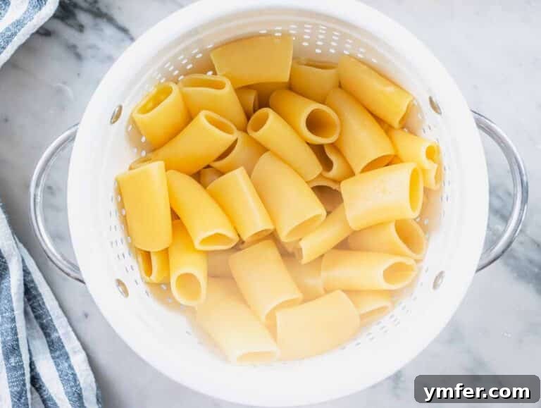 Plant-Powered Pasta 18 cooked rigatoni pasta in a white sift