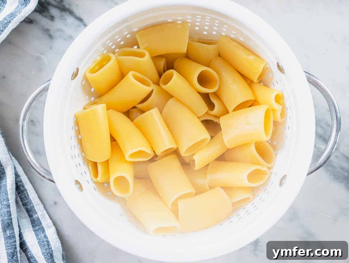 Plant-Powered Pasta 9 cooked rigatoni pasta in a white sift