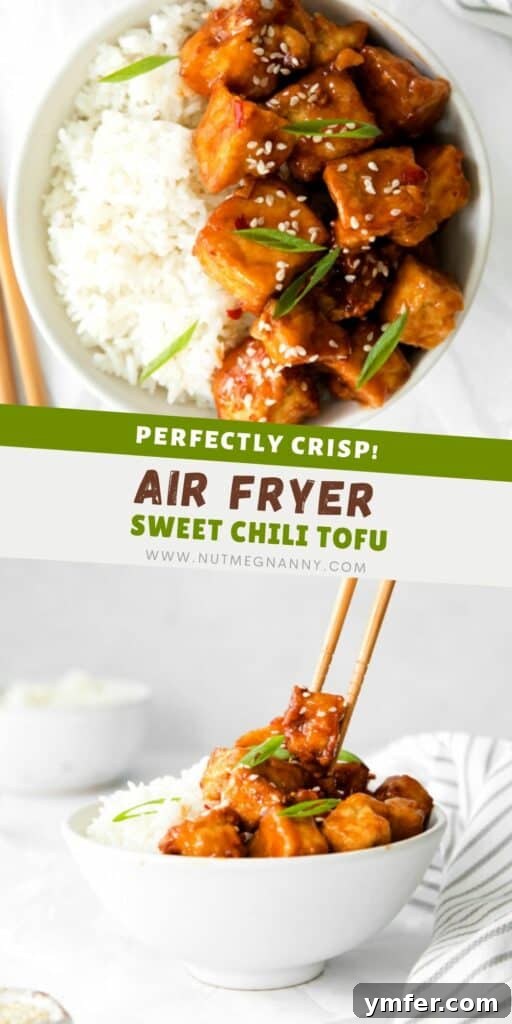 Crispy Sweet Chili Air Fryer Tofu 9 Air Fryer Sweet Chili Tofu pin for Pinterest. A bowl of crispy tofu in sweet chili sauce with rice and garnishes.