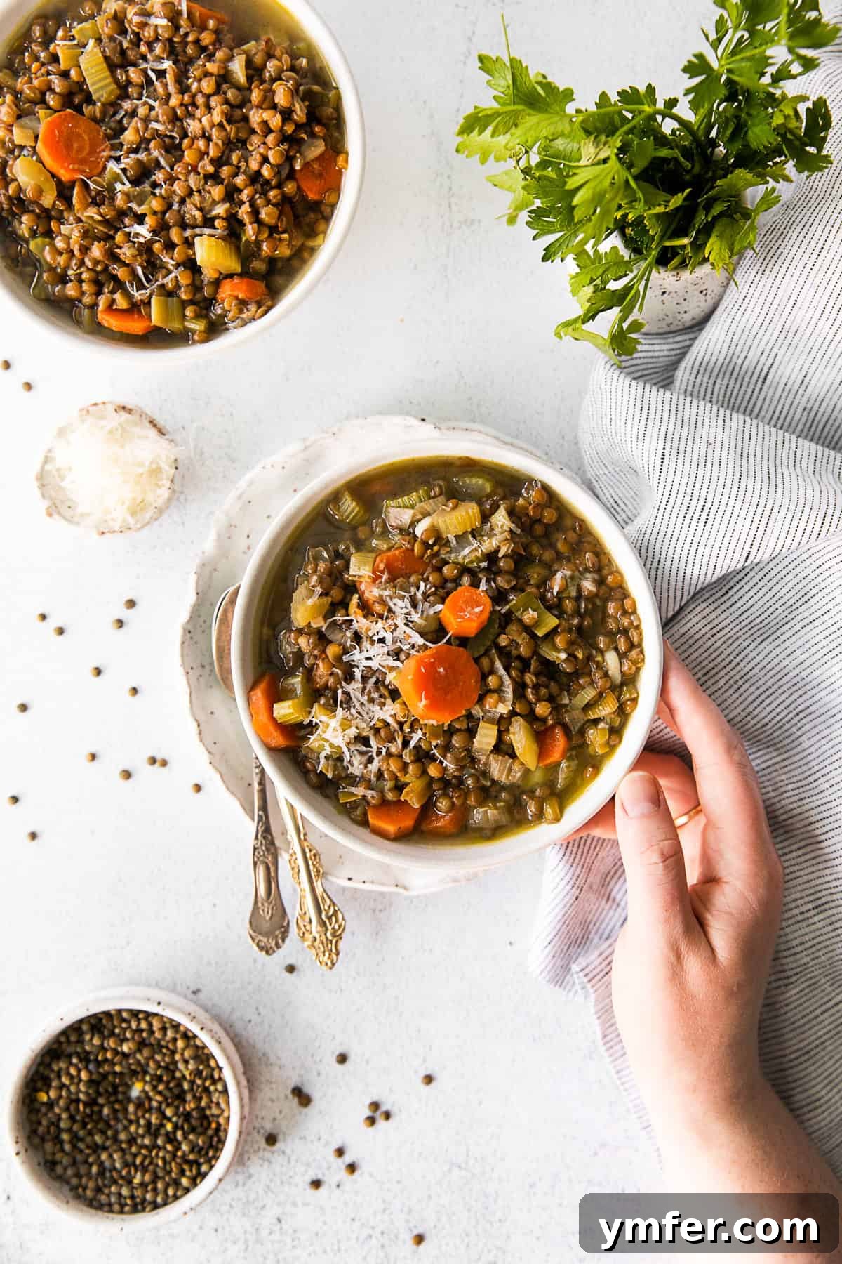 Nourishing French Lentil Potage 10 a hand holding a bowl of Healthy French Lentil Soup.