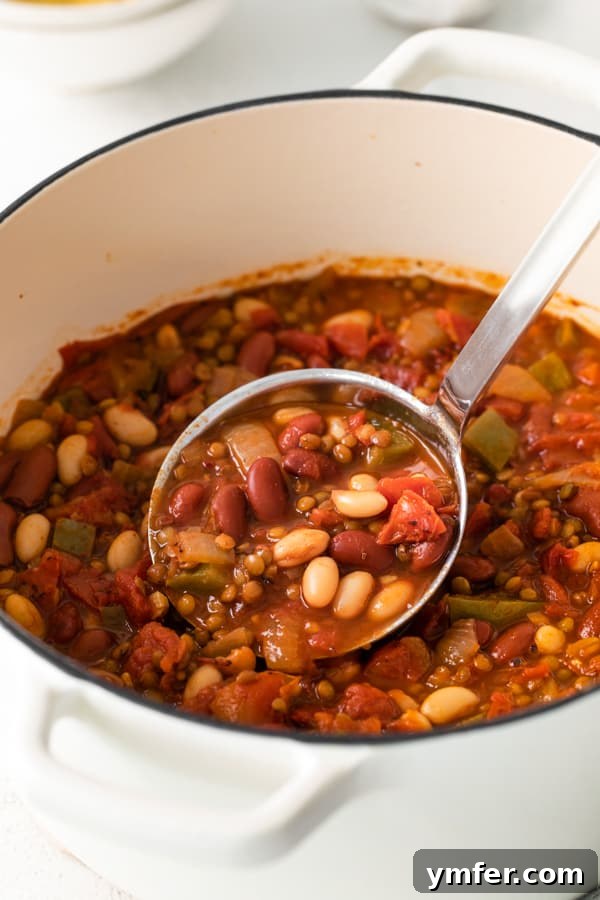 Hearty Vegan Lentil Chili 4 A ladle scooping a generous portion of Vegan Lentil Chili out of a large pot.