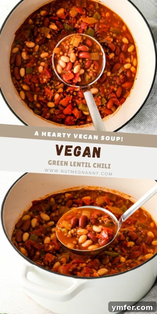 Hearty Vegan Lentil Chili 7 Pinterest pin image for Vegan Lentil Chili with a delicious bowl of chili and toppings.