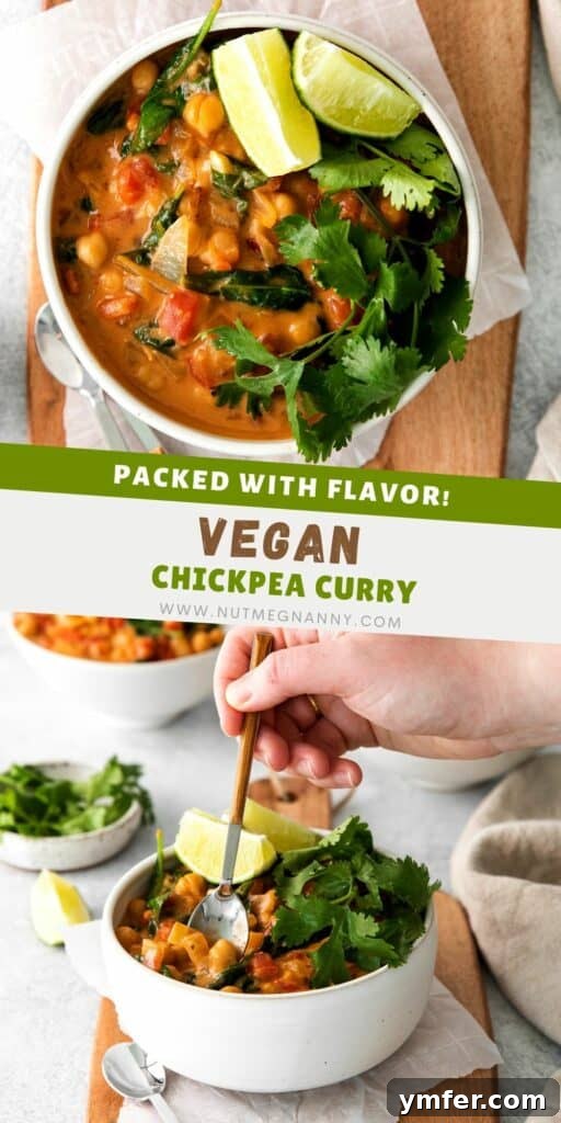 Hearty Vegan Chickpea Curry 7 A visual for Pinterest: Vegan Chickpea Curry with ingredients and a finished dish.