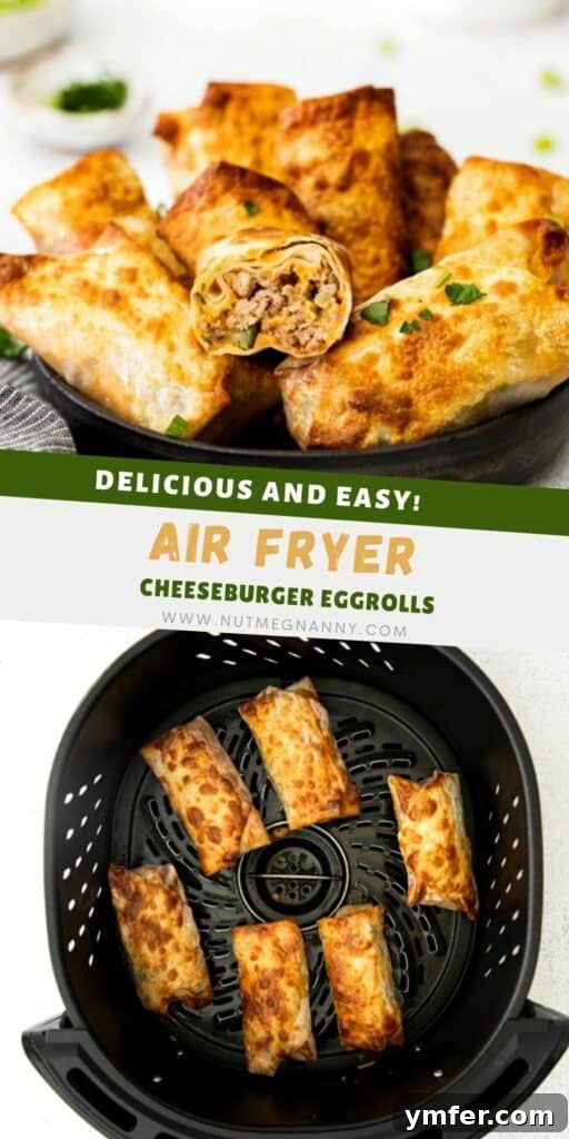 Crispy Air Fryer Cheeseburger Rolls 13 Air Fryer Cheeseburger Egg Rolls pin for Pinterest.