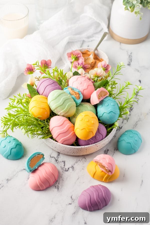 Decadent Peanut Butter Eggs 6 Peanut Butter Eggs served on a platter, showcasing a variety of vibrant colors. These homemade candies are perfect for an Easter gathering.