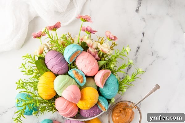 Decadent Peanut Butter Eggs 7 Peanut Butter Eggs in a dish, ready to be enjoyed. The bright colors add a festive touch to any celebration.