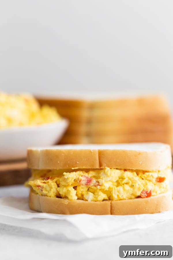 Creamy Pimento and Cheddar Egg Salad 6 Pimento Cheese Egg Salad served on bread.