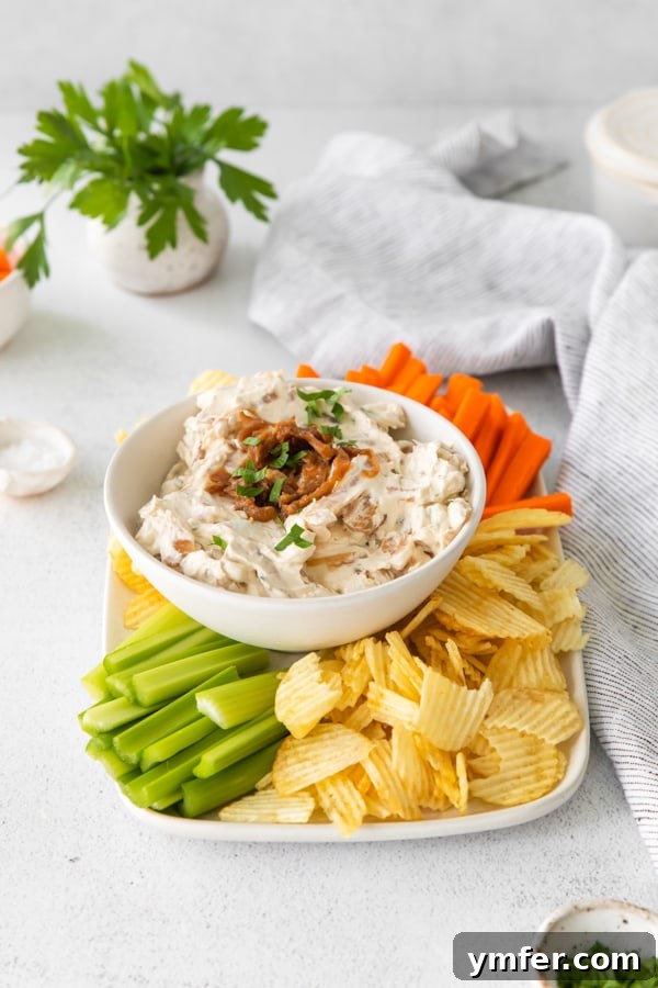 Gourmet Caramelized Onion Dip 6 A serving of French Onion Dip artfully presented on a platter with a garnish of green onions, ready for guests to enjoy.